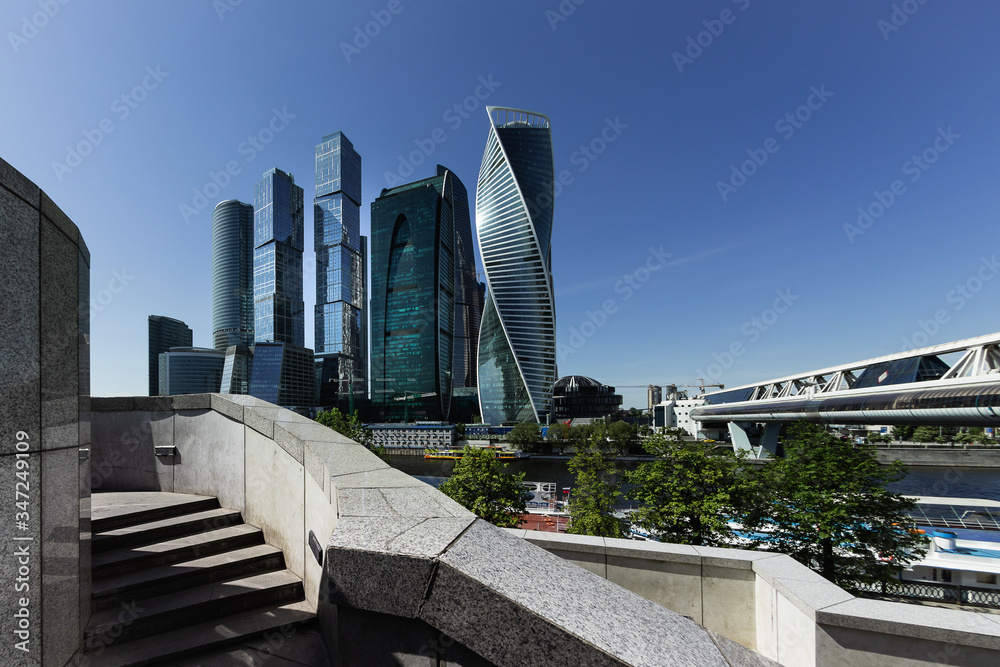 Moscow-City downtown skyscrapers panoramic view from the riverside, Russia. Moscow cityscape.