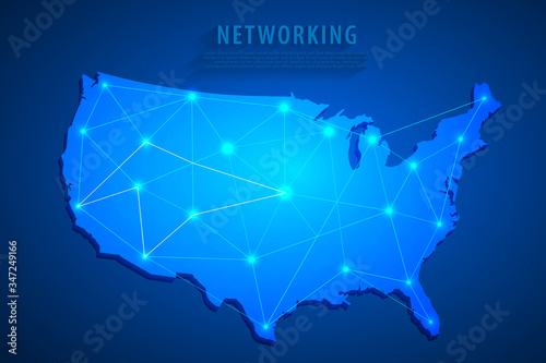 United States map on network connection, blue USA map, vector