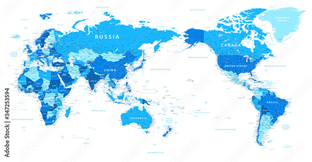 Obraz Mapa świata - Pacyfik Chiny Azja wyśrodkowany widok - niebieski kolor polityczny - szczegółowa ilustracja wektorowa z warstwami