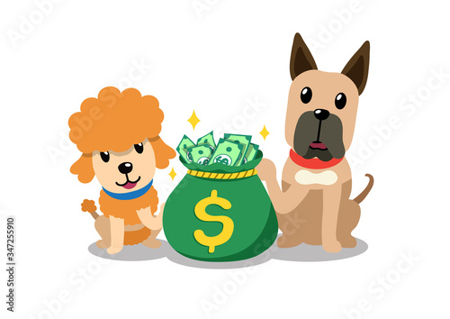 Vector cartoon character poodle and great dane dog with money bag for design.