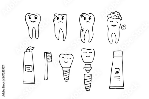 Hand drawn teeth icons collection. Doodle teeth icons set. Set of hand drawn cute tooth illustrations in vector on white background. Human teeth collection