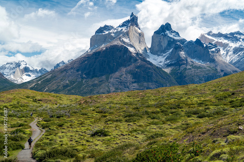 Hiker in Torres del Paine National Park  Patagonia  Chile  South America.