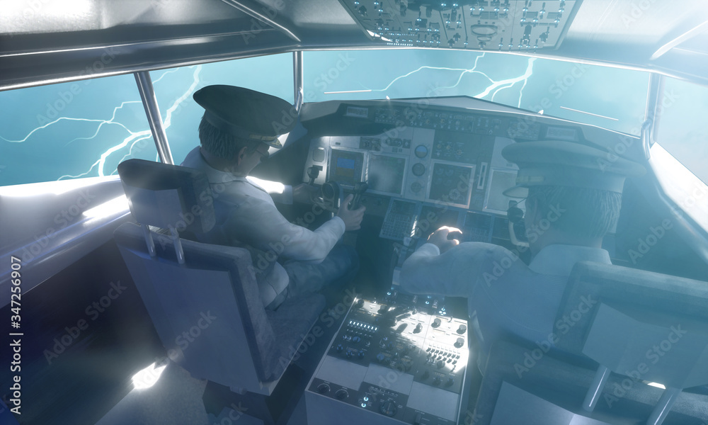 Fototapeta premium cabin of a passenger plane during a thunderstorm render 3D