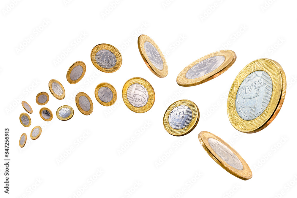 Brazilian real coins one falling isolated on white background, concept of luxury or Brazilian economy. - obrazy, fototapety, plakaty 
