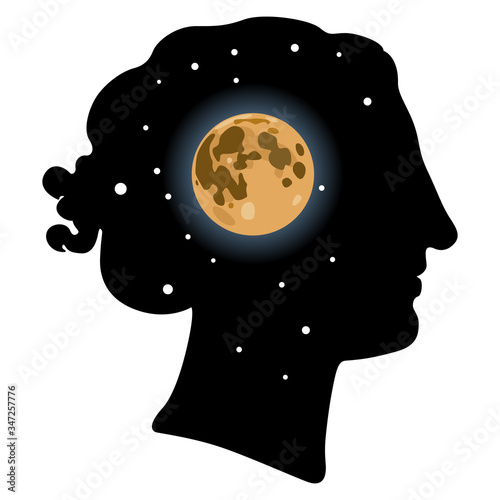 Isolated vector illustration. Fantastic female head with full moon and starry night inside. Creative concept.