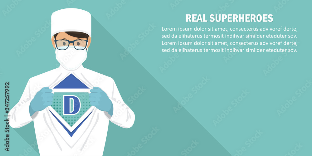 Doctor tearing his robe with a superhero emblem on his chest in a flat design Doctor tearing his robe with a superhero emblem on his chest in a flat design