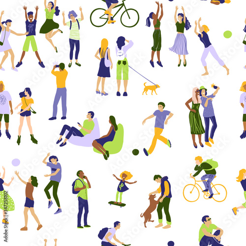 Vector seamless pattern with walking people on white background with friends