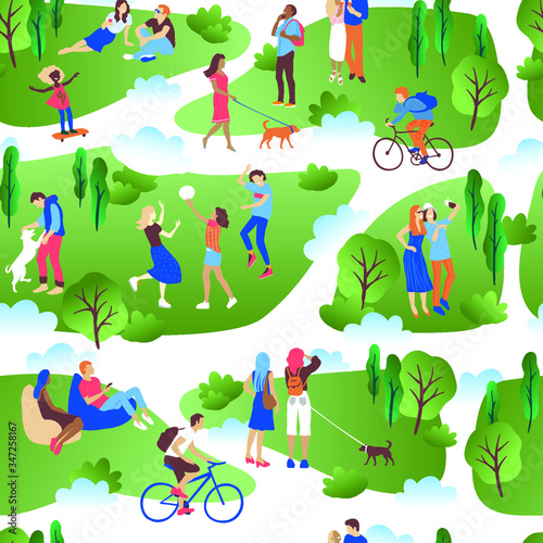 Vector seamless pattern with walking people walking in the park on the green grass with friends