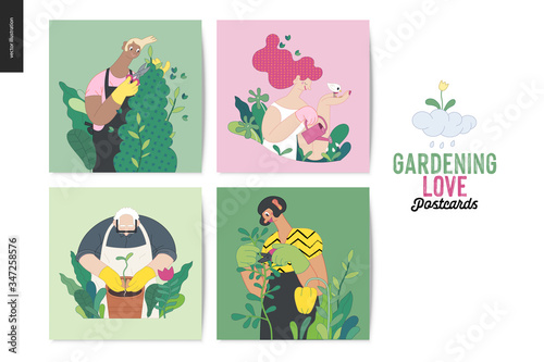 Gardening people, spring - modern flat vector concept illustrated greeting cards of people in the garden wearing aprons and gloves, gardening, watering, planting, cutting branches. Gardening concept