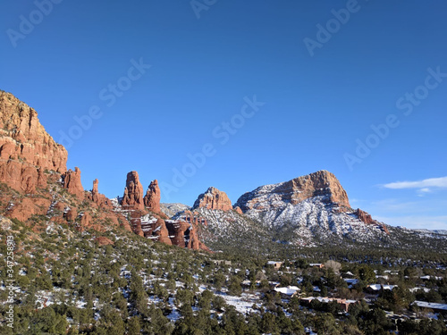 Red rocks in snow