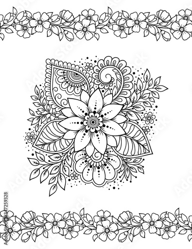 Seamless pattern of mehndi flower and border for Henna drawing and tattoo. Decorative doodle ornament in ethnic oriental, Indian style. Outline hand draw vector illustration.