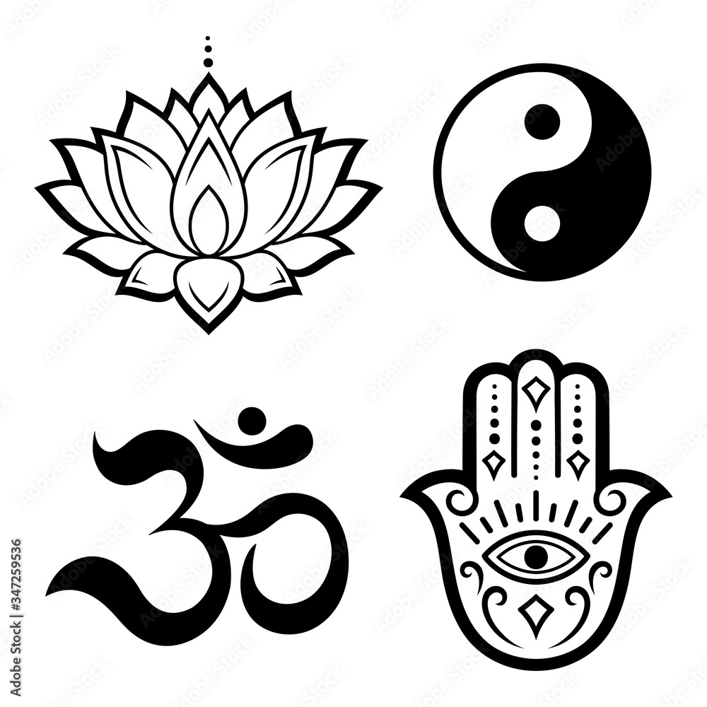 Set of Hamsa hand drawn symbol, lotus flower, Yin-Yang and OM sigils ...