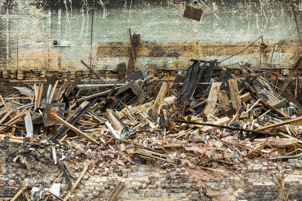 Remnants of burned down building with large pile of rubbish in Birmingham Alabama Remnants of burned down building with large pile of rubbish in Birmingham Alabama