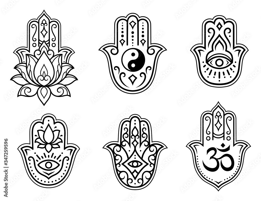 Set of Hamsa hand drawn symbol, lotus flower, Yin-Yang and OM sigils.  Decorative pattern in oriental style for interior decoration and henna  drawings. The ancient sign of Hand of Fatima. Векторный объект