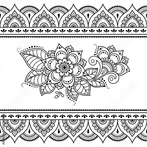 Seamless pattern of mehndi flower and border for Henna drawing and tattoo. Decorative doodle ornament in ethnic oriental, Indian style. Outline hand draw vector illustration.
