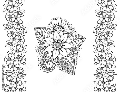 Seamless pattern of mehndi flower and border for Henna drawing and tattoo. Decorative doodle ornament in ethnic oriental, Indian style. Outline hand draw vector illustration.
