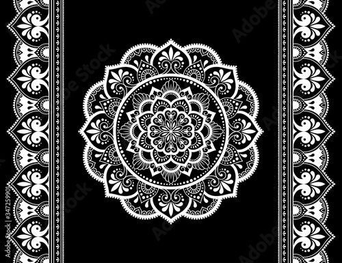 Set of mandala pattern and seamless border for Henna drawing and tattoo. Decoration in ethnic oriental mehndi, Indian style. Doodle ornament in black and white. Hand draw vector illustration.