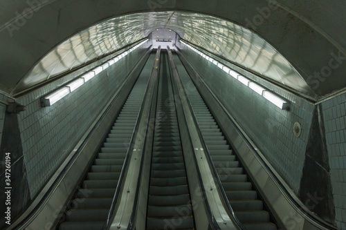 Looking up escalators in an underground subway station in urban Atlanta Georgia