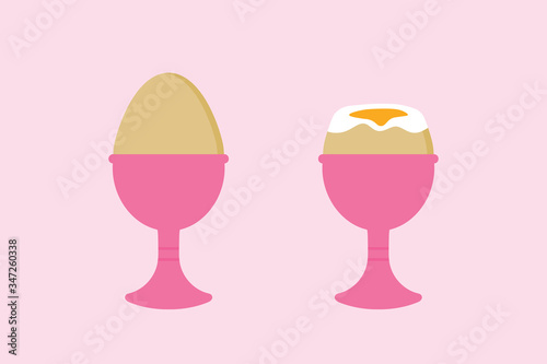 Vector cartoon illustration with two boiled eggs in the egg cups for breakfast design.
