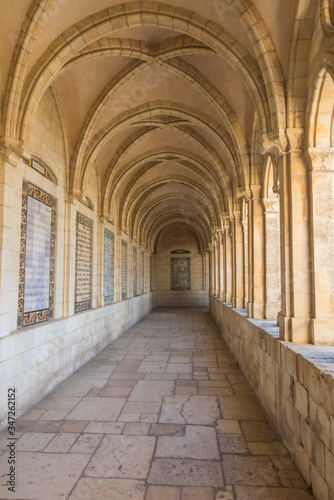 JERUSALEM, ISRAEL - January 30, 2020; The gothic corridor of atrium in Church of the Pater Noster on Mount of Olives. Israel.