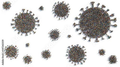 Top View of Groups of People Forming Virus Shapes in Different Sizes 3D Rendering