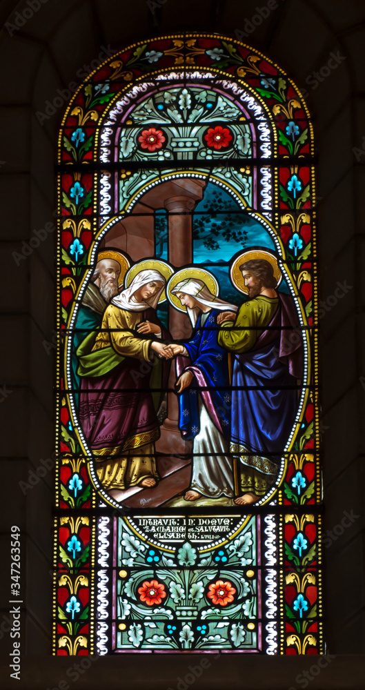 BETHLEHEM, Palestinian Authority, January 28, 2020: Colorful stained glass window in Carmelite convent on the Hill of David in Bethlehem.