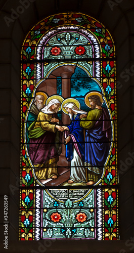 BETHLEHEM  Palestinian Authority  January 28  2020  Colorful stained glass window in Carmelite convent on the Hill of David in Bethlehem.