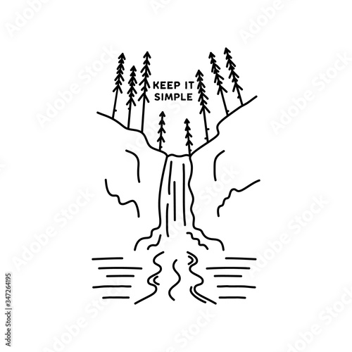 Vintage keep it simple camp logo design. Outdoor adventure waterfall line art scene, hiking landscape. Silhouette linear concept. Stock vector insignia