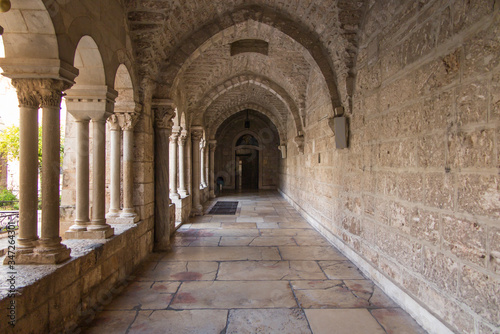 BETHLEHEM  Palestine - January 28  2020  The gothic corridor of atrium at St. Catharine church