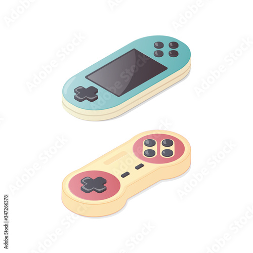 isometric classic gamepad and portable game console. joypad colorful illustration. vintage gaming. isolated on white background