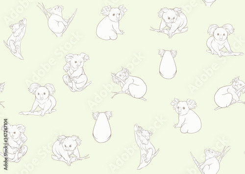 Koala bear seamless pattern. Colored vector illustration. On soft green background