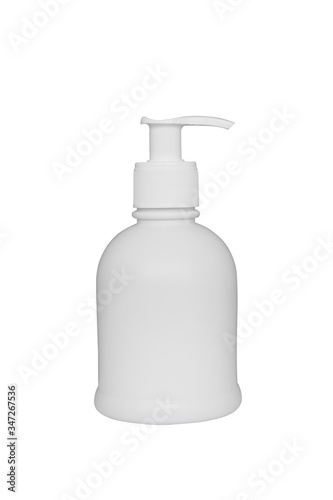 White unbranded dispenser bottle isolated on white background, mockup with copy space. Cosmetic product for gel, foam, shampoo. Blank moisturizer container.