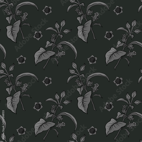 Seamless pattern, background with miraculous, hallucinogenic plants in botanical style in monochrome gray color. Vector illustration