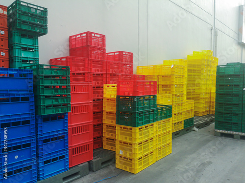 Colorful plastic box storage logistic.Empty box.