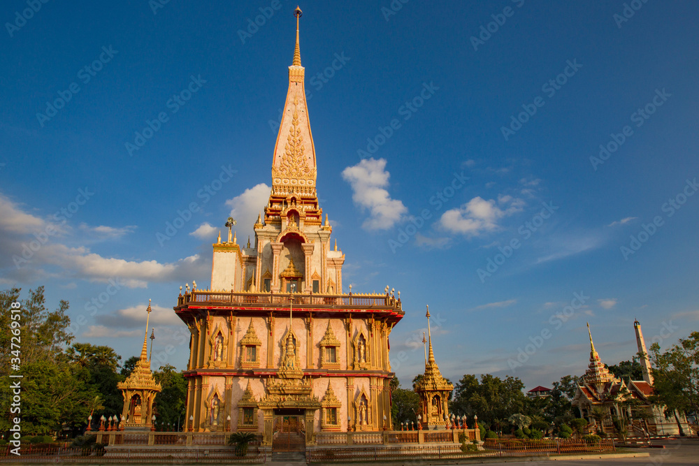Naklejka premium Thailand. Phuket Island Buddhist temple. Wat Chalong. Buddhist temples of Thailand. Tours in Phuket. Sights of Thailand. Colorful view of Phuket. Religious building. Buddhist churches.