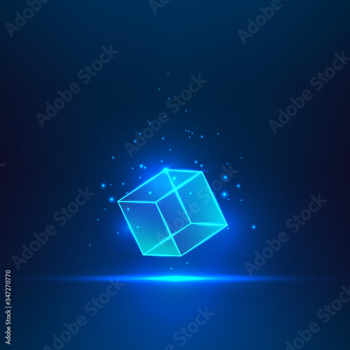 Blue glass cube. Geometric object floating in the air. Vector