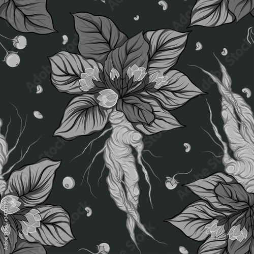 Seamless pattern, background with miraculous, hallucinogenic plants in botanical style in monochrome gray color. Vector illustration