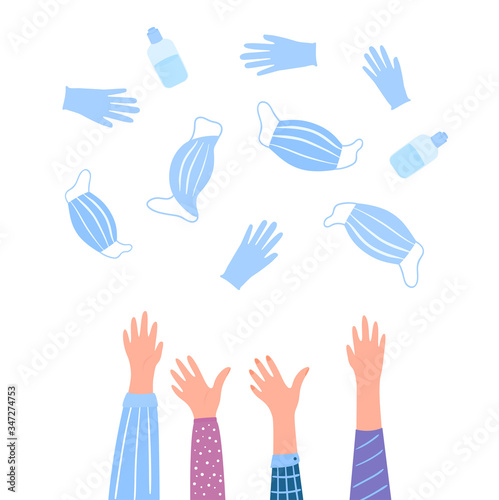 Coronovirus quarantine is over. Pandevic end. COVID-2019. Hands toss up medical protective masks, gloves and bottles with a disinfectant.