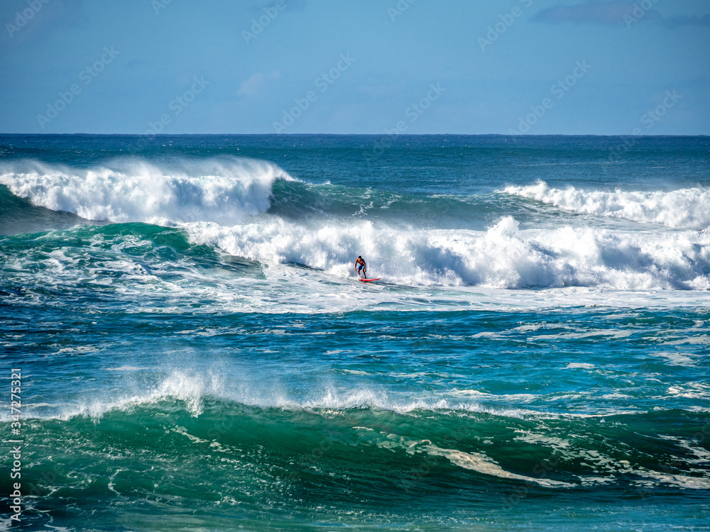 Surfers attempt to ride the big waves of Oahu's North Shore.