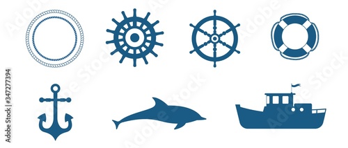 Set of various maritime elements, such as steering wheels, life preserver, anchor, dolphin, tugboat. Nautical icons isolated on white.