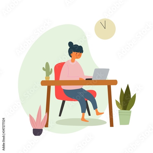 Girl sitting at the table working on the laptop. Cartoon vector illustration, flat style. Work at home concept. design for card, print, poster, cover.
