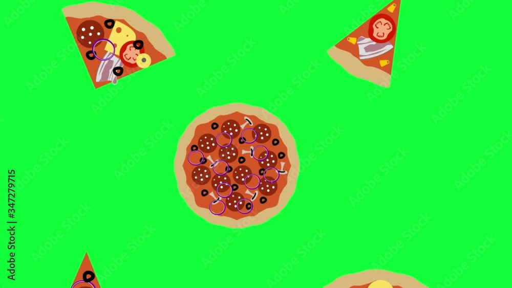 Seamless looping of Pizza and slices animation elements, on green screen chroma key Seamless looping of Pizza and slices animation elements, on green screen chroma key