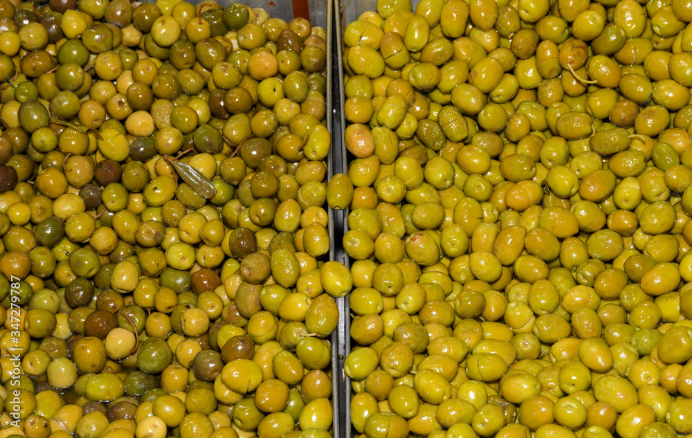 Turkish olives different mix for sale in Grand Bazaar, Egyptian outdoor market. Fresh produce