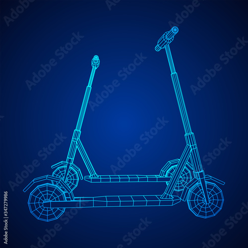 Roller scooter balance kick push bike. Eco alternative city transport. Wireframe low poly mesh vector illustration.