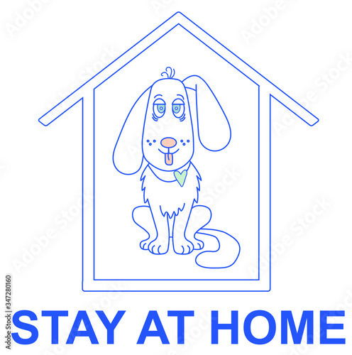 A cute, playful white dog with a heart sits in a house. Caption - stay home. The call. Virus protection. Vector sketch outline