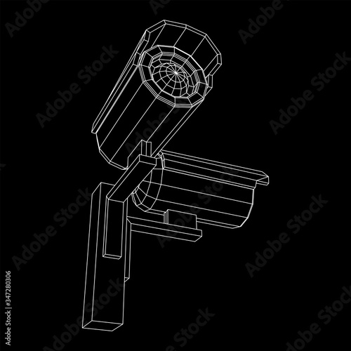 Modern video camera. Webcam viewing area. Safety, security concept. Wireframe low poly mesh vector illustration.
