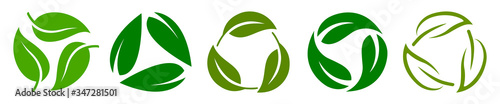 Set of biodegradable recyclable plastic free package icon, recycle leaves label logo template. Set of green leaf recycle, means using recycled resources, recycling signs, recycle collection icon photo