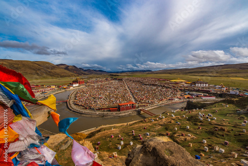 Top view of Yarchen gar with a lot of color flags in KHAM region photo