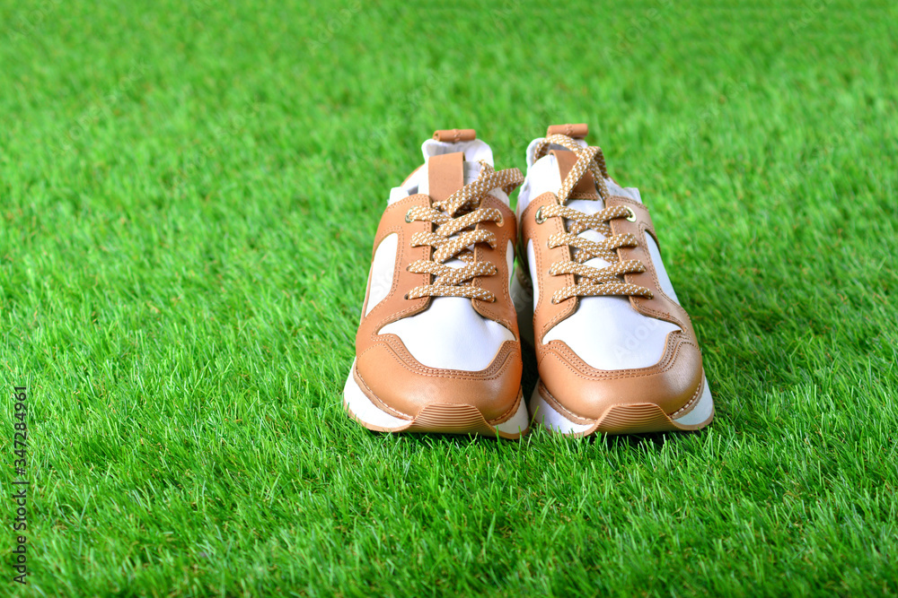 Fashion sneakers on the fluffy artificial grass