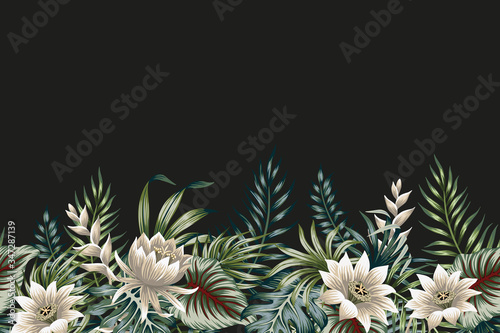 Tropical vintage botanical landscape, lotus flower, plant, palm leaves floral seamless border black background. Exotic jungle wallpaper.